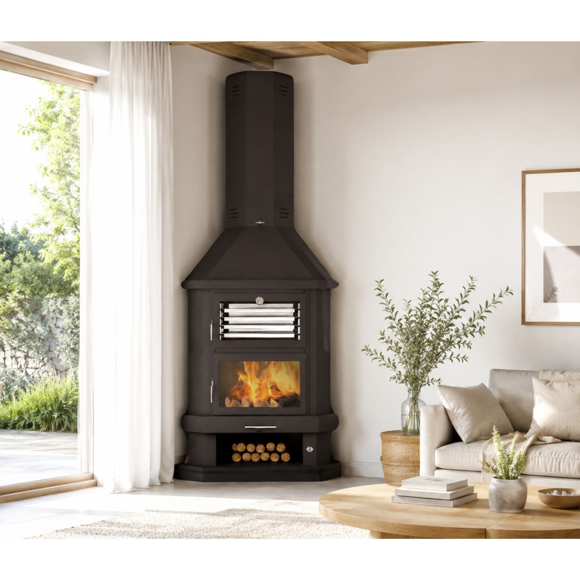 Stufa a legna cheminée d'angle avec four - FIREMATIC Houston 13.8 kW