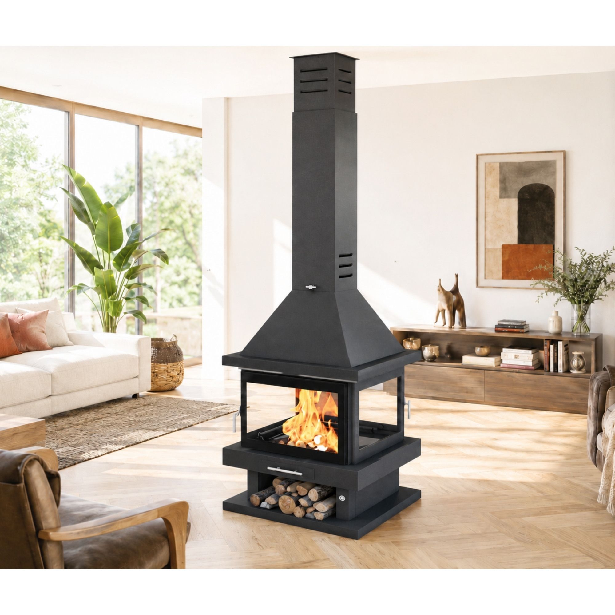 Stufa a legna cheminée centrale 4 vitres - FIREMATIC Oregon 13.8 kW