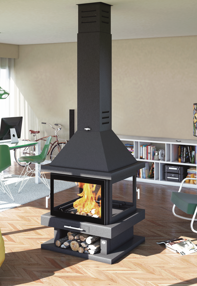 Stufa a legna cheminée centrale 4 vitres - FIREMATIC Oregon 13.8 kW