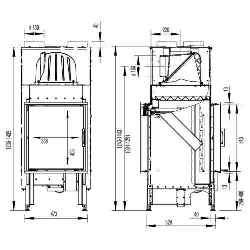 Inserto a legna Austroflamm 45x51K II 6 kW porte pivotante, traversée - tunnel
