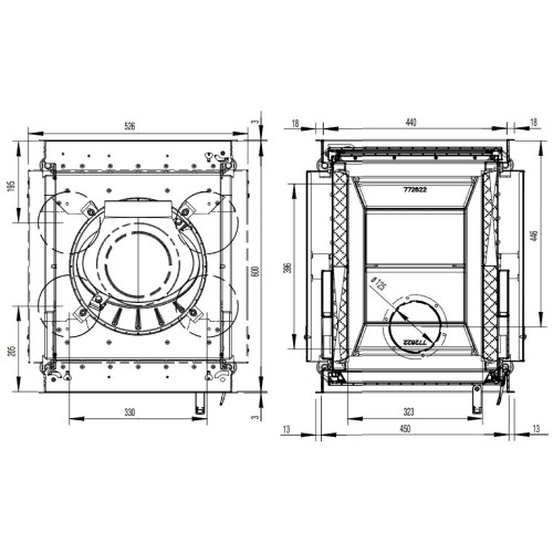 Inserto a legna Austroflamm 45x51K II 6 kW porte pivotante, traversée - tunnel