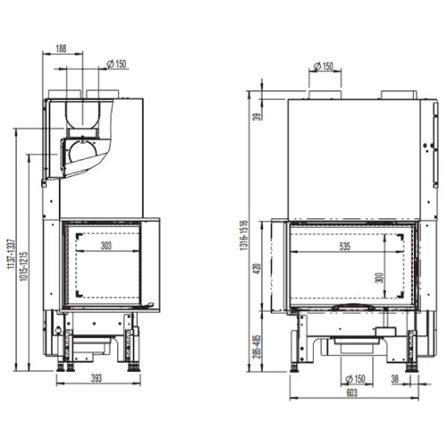 Inserto a legna Austroflamm Cheminée d'angle 63x40x42S 2.0 | 8 kW porte coulissante