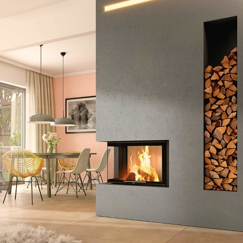 Inserto a legna Spartherm Varia 2L-68h 9,6 kW cheminée d'angle, porte coulissante
