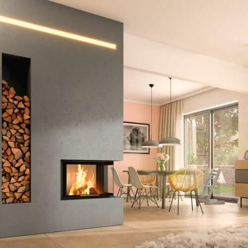 Inserto a legna Spartherm Varia 2R-68h 9,6 kW cheminée d'angle, porte coulissante