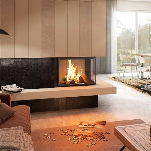 Inserto a legna Spartherm Varia 2R-68h 9,6 kW cheminée d'angle, porte coulissante