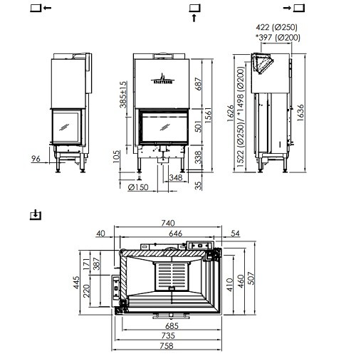 Inserto a legna Spartherm Varia 2R-68h 9,6 kW cheminée d'angle, porte coulissante
