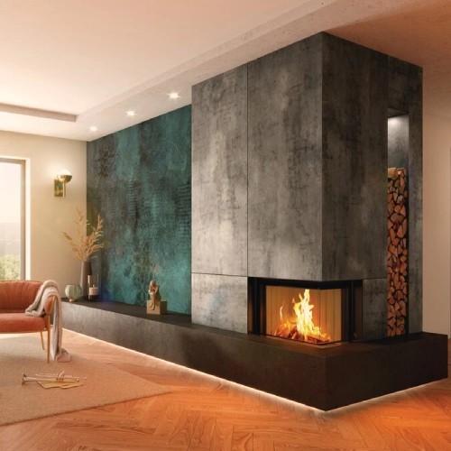 Inserto a legna Spartherm Premium V-2R-68h 9,6 kW cheminée d'angle, porte coulissante