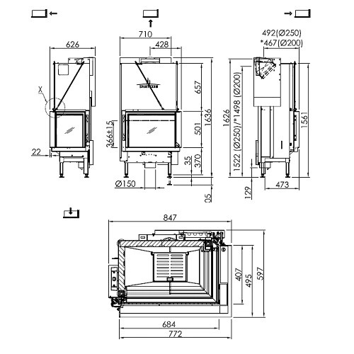 Inserto a legna Spartherm Premium V-2R-68h 9,6 kW cheminée d'angle, porte coulissante