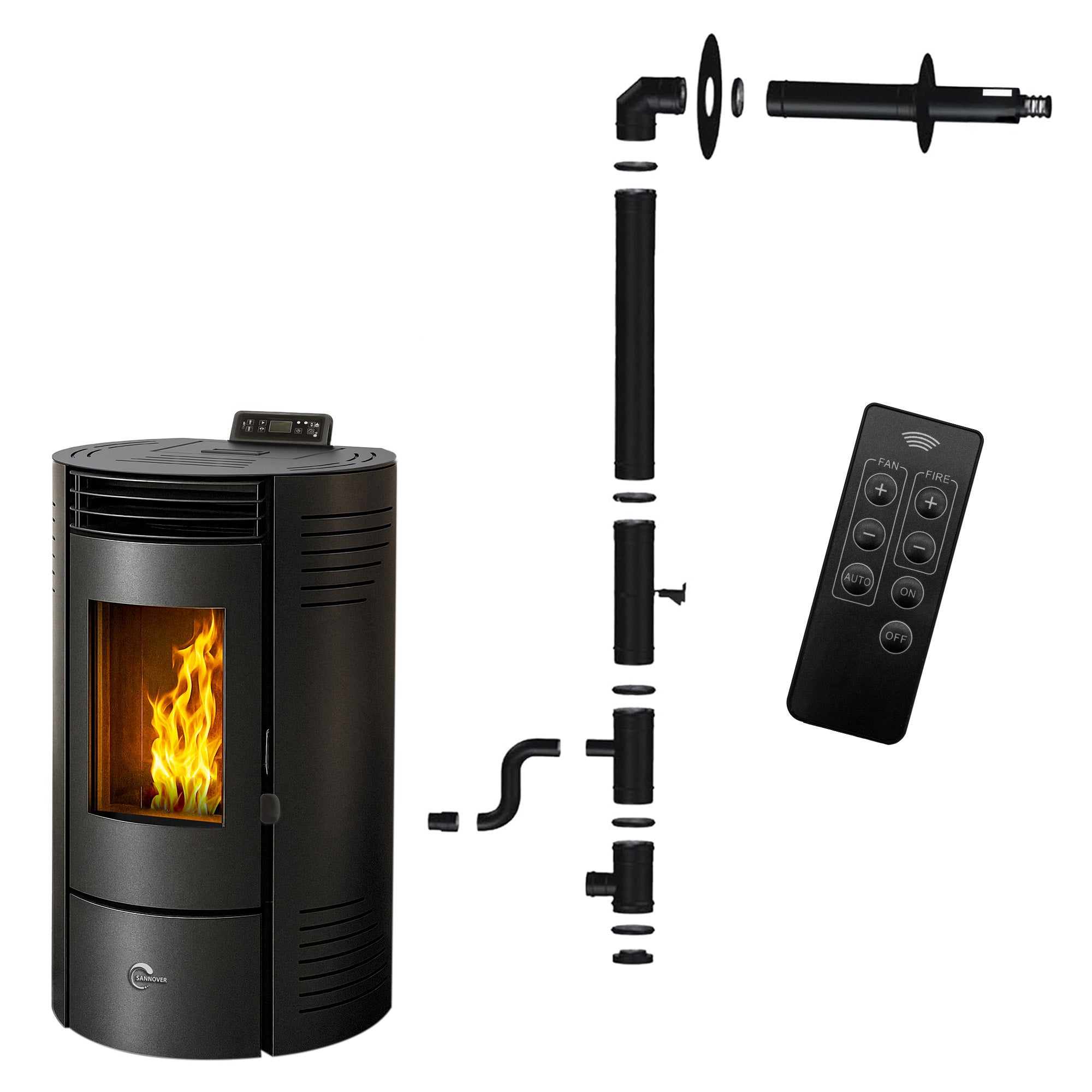 Stufa a pellet étanche Azora 11,6 kW Noir Sannover + Kit d'installation
