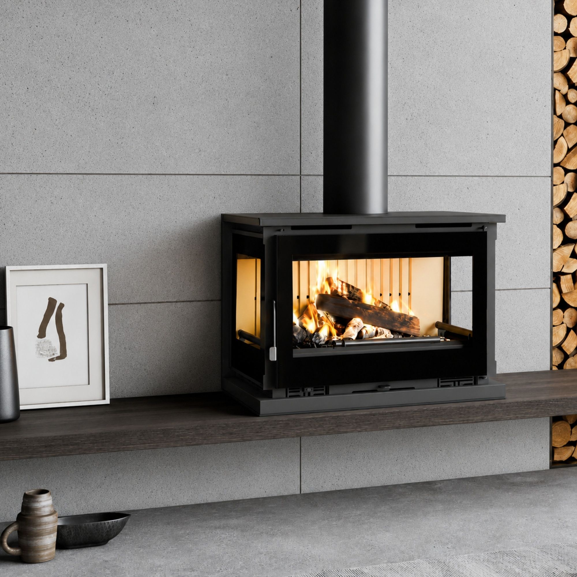 Stufa a legna ventilé raccordable 3 vitres suspendu - FIREMATIC Calgary - L 13.3 kW
