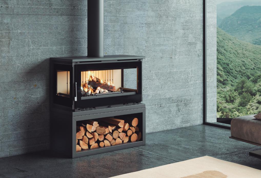 Stufa a legna ventilé 3 vitres avec bûcher - FIREMATIC Calgary - L 13.5 kW