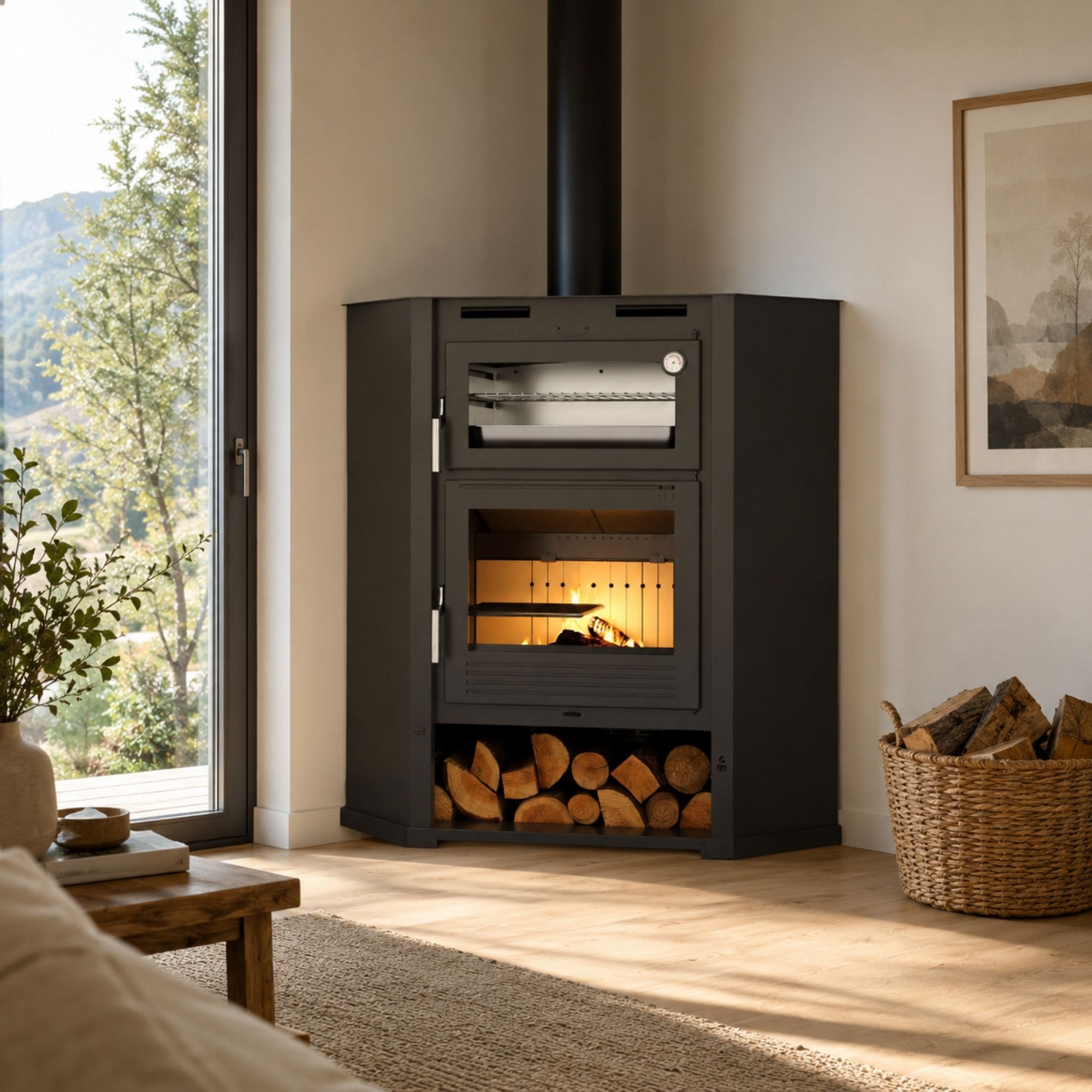 Stufa a legna d'angle ventilé avec four - FIREMATIC Flint 9.5 kW