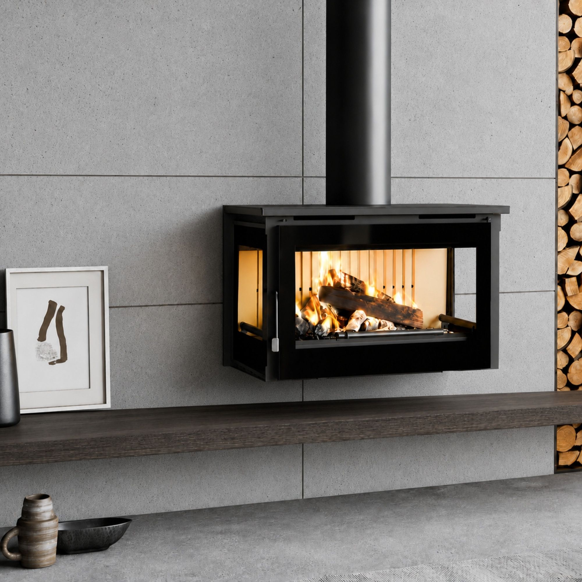Stufa a legna 3 vitres ventilé raccordable suspendu - FIREMATIC Calgary - S 12.5 kW