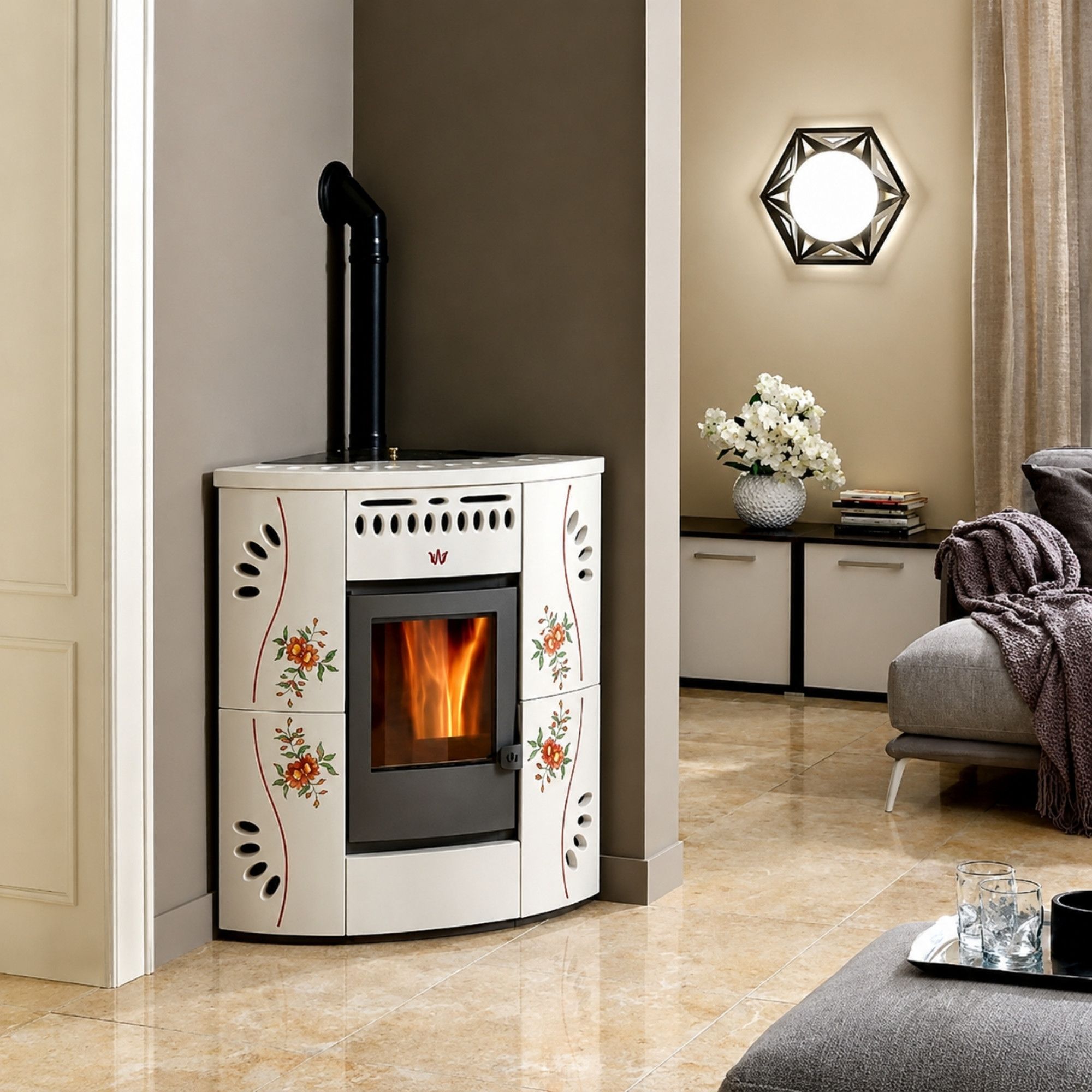 Stufa a pellet d'angle en céramique - ORIGINE PHEBO Gaia 12.2 kW