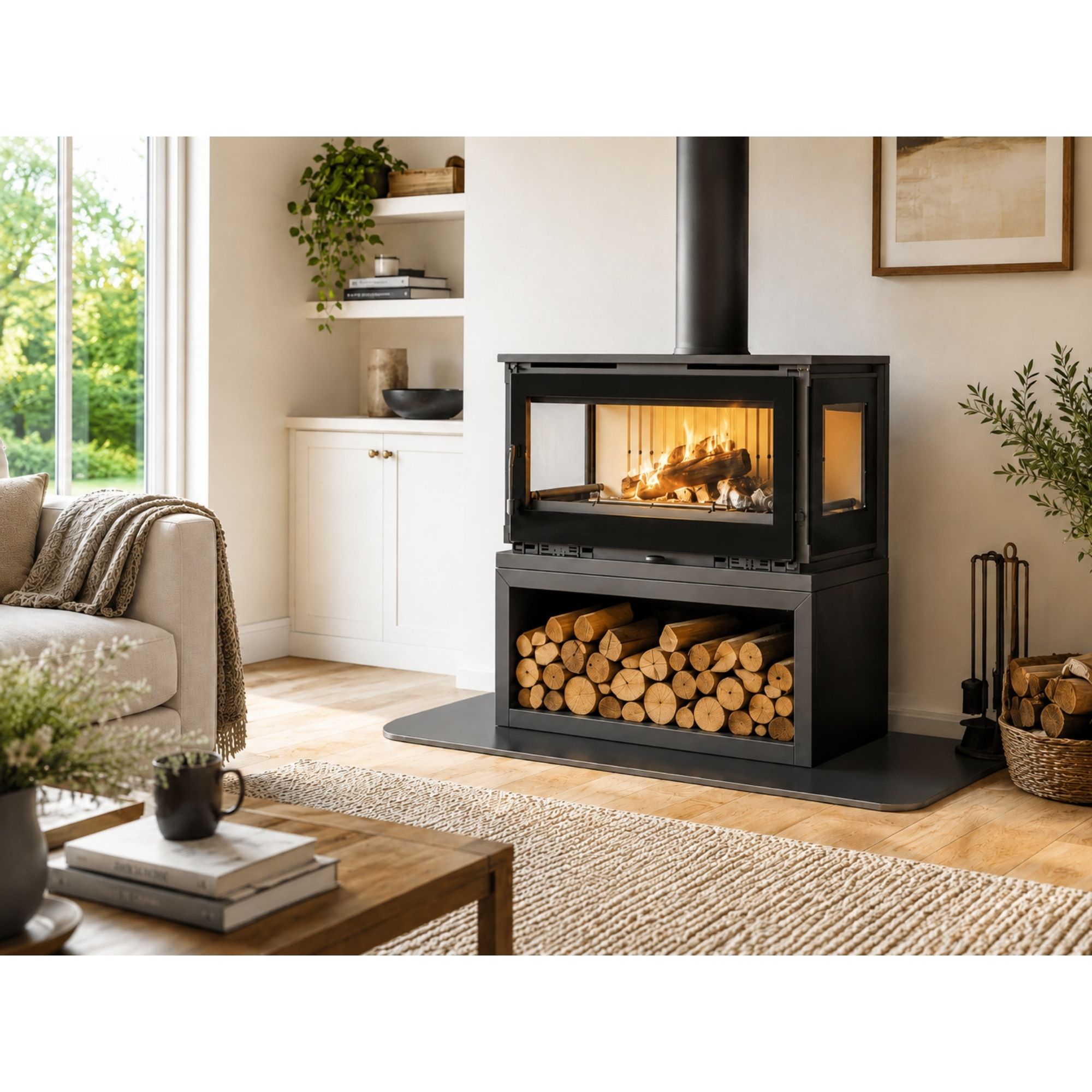 Stufa a legna raccordable 3 vitres avec bûcher - FIREMATIC Calgary - S 12.5 kW