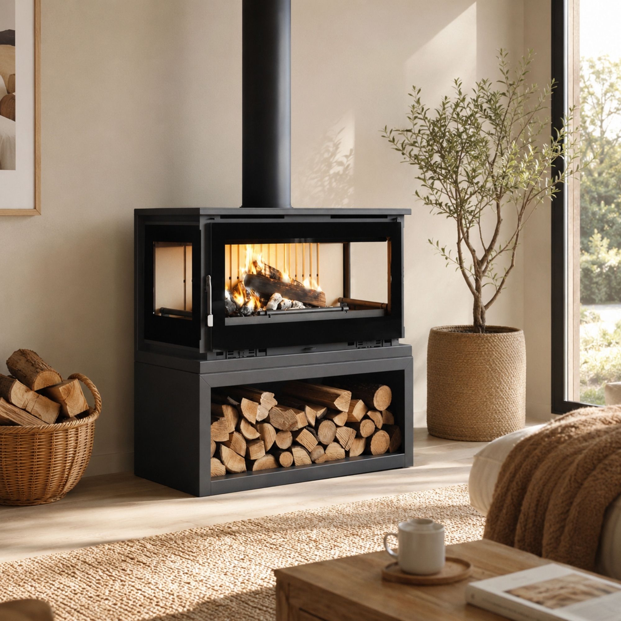 Stufa a legna raccordable 3 vitres avec bûcher - FIREMATIC Calgary - L 13.5 kW