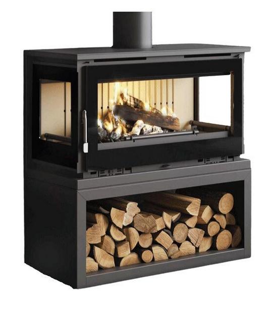 Stufa a legna raccordable 3 vitres avec bûcher - FIREMATIC Calgary - L 13.5 kW